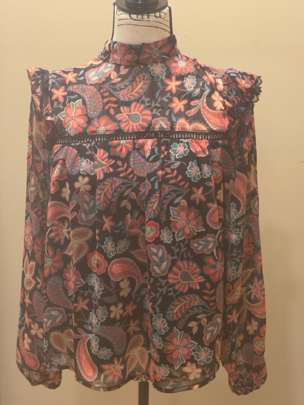 Lost + Wander NWT Sheer Floral Blouse Small Boho High Neck Statement Top